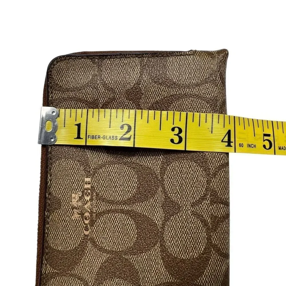 Coach Signature Brown Coated Canvas Double Zip Corner Wristlet Clutch Brown Tan